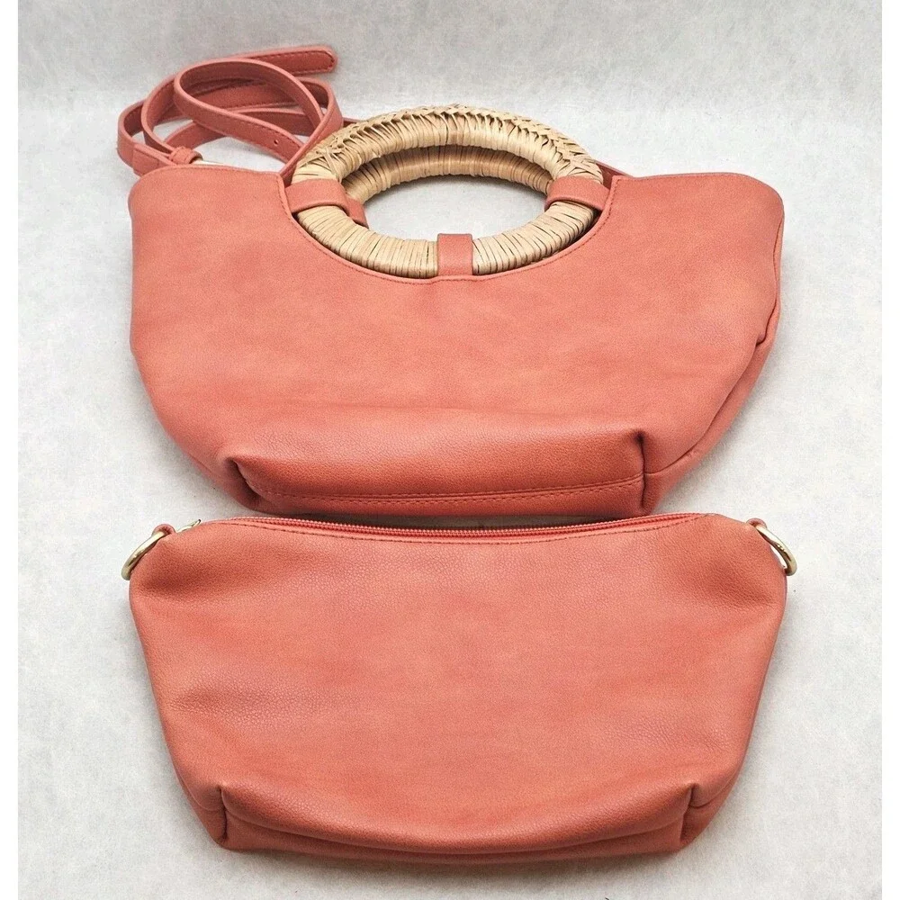 Anthropologie Coral W/Rattan Handles & Crossbody Strap Handbag + Removable Pouch